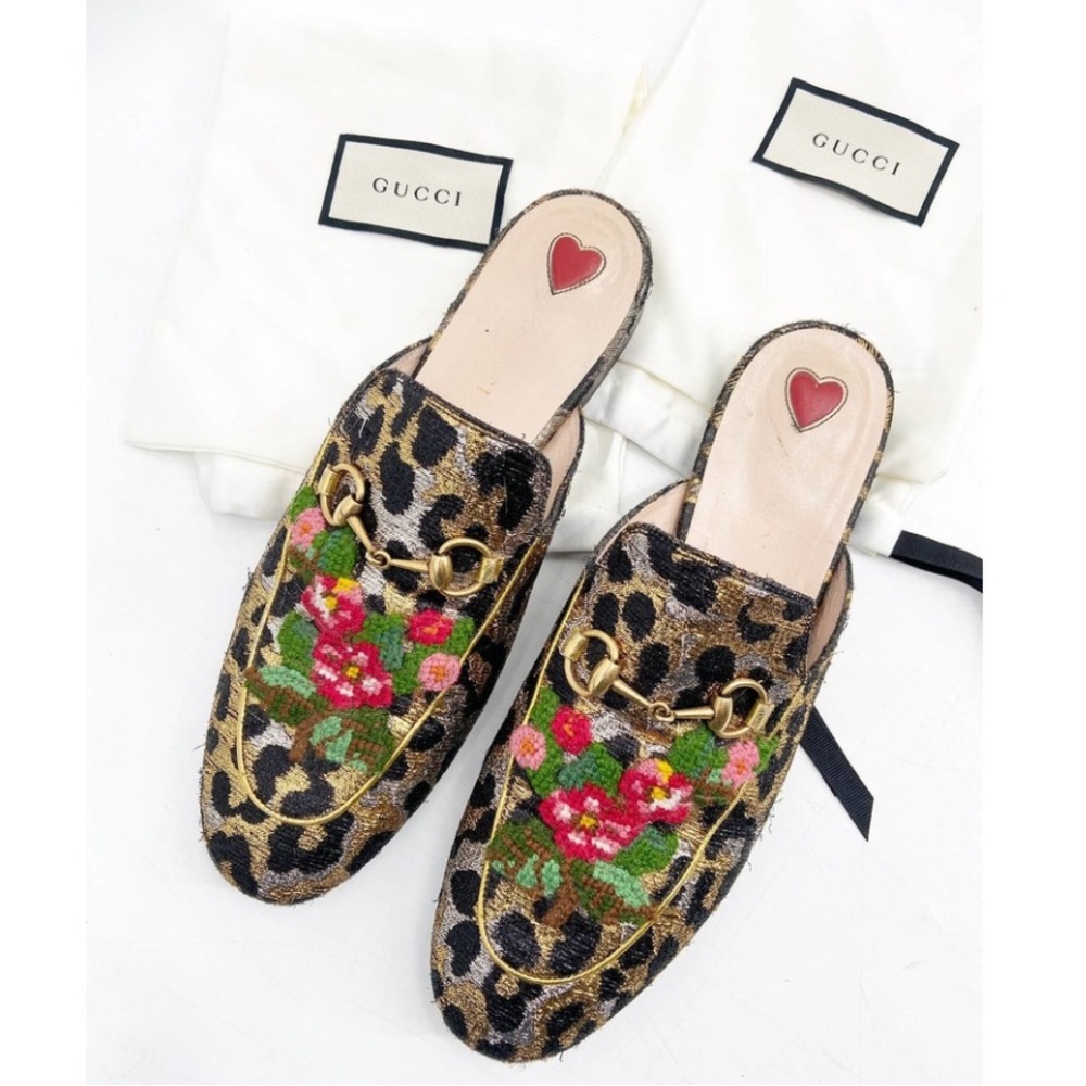GUCCI Lurex Princetown Jacquard Leopard Embroidered Princetown Mules Shoes 38.5